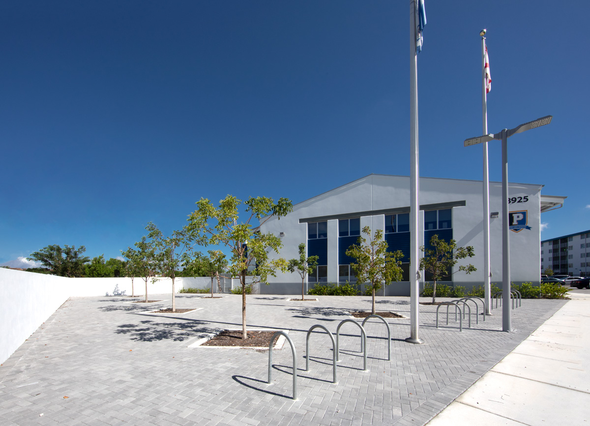 Architectural view of the Pinecrest prep charter k-12 school in Miami.